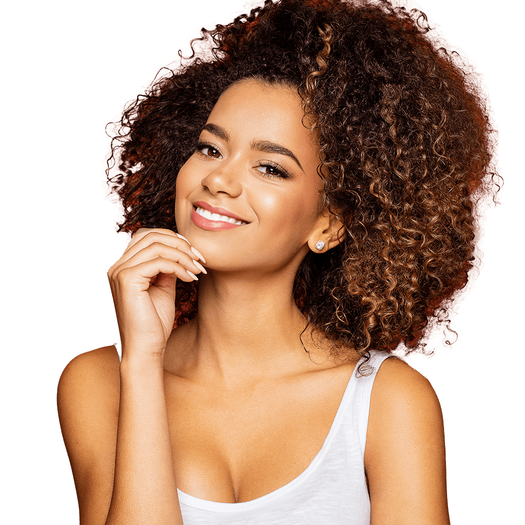Attractive female with curly hair touching chin